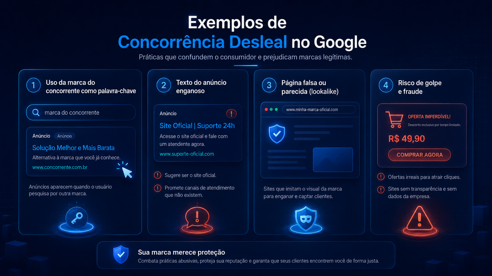 Infográfico com exemplos de concorrência desleal no Google, incluindo uso da marca de concorrente, texto enganoso, páginas falsas e risco de golpe.