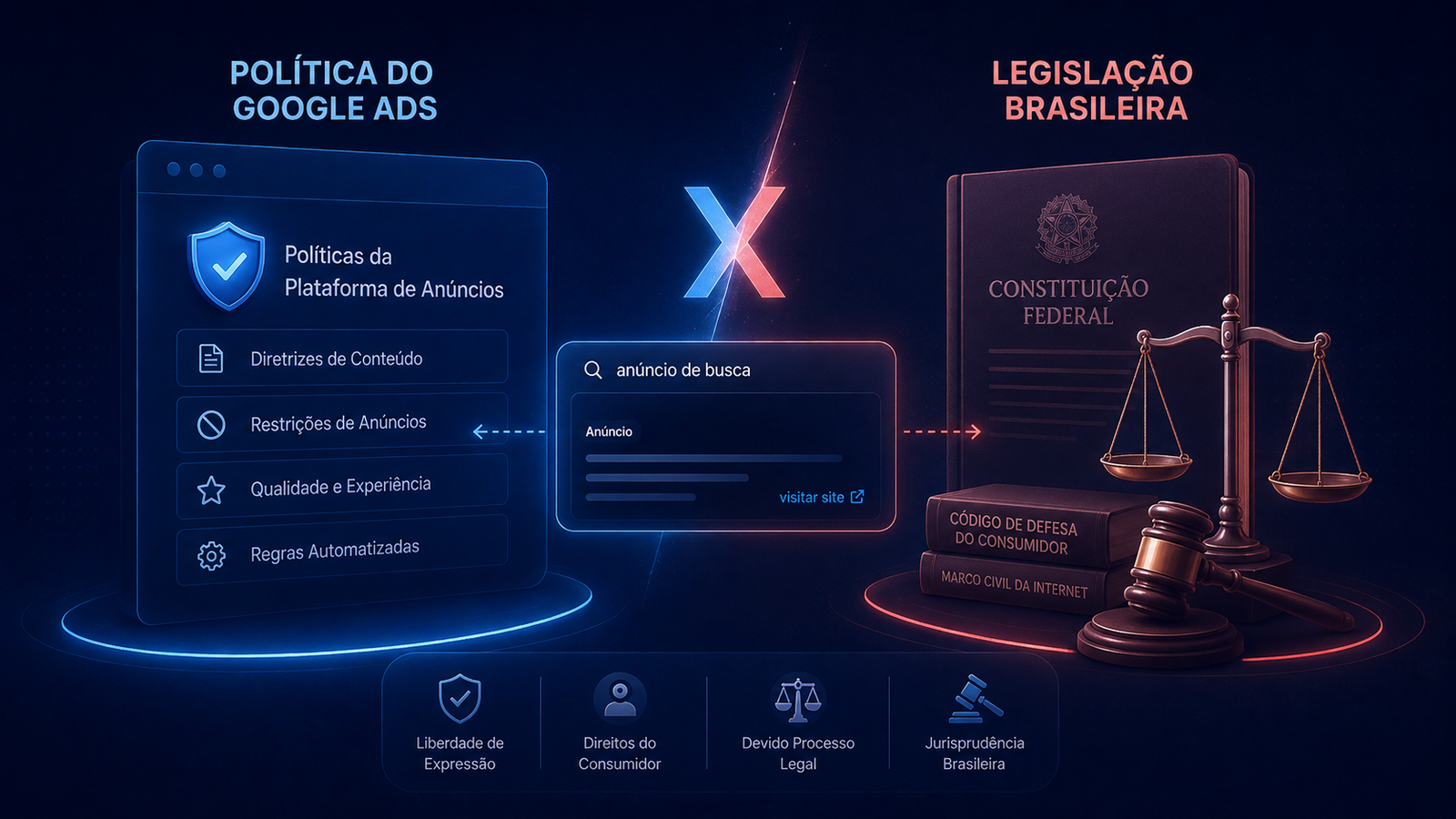 Comparação visual entre a política de anúncios e a legislação brasileira aplicada a anúncios de busca.